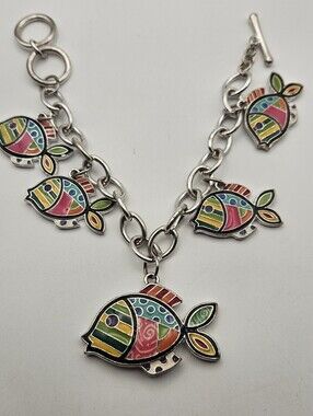Enamel Fish Charm Bracelet Silver Tone Multi Color Tropical Nautical 7 In